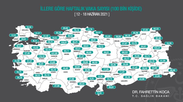 Sağlık Bakanı Koca, son bir haftada her 100 bin kişide görülen Kovid-19 vaka sayılarını açıkladı