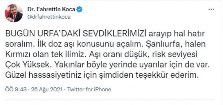 Sağlık Bakanı Koca’dan Urfa’yla ilgili yeni çağrı