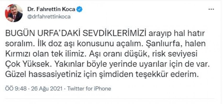 Sağlık Bakanı Koca’dan Urfa’yla ilgili yeni çağrı