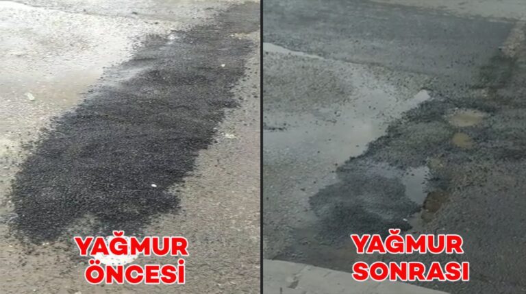 Asfalt dökülen yol yağmur sonrası eski haline döndü