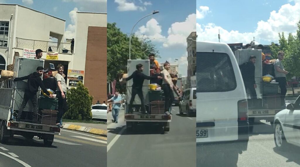 Kamyonet kasasında tehlikeli yolculuk!