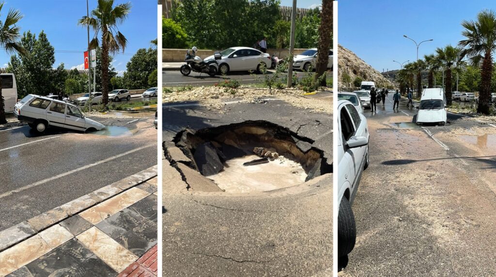 Eyyübiye’de yol çöktü! Araç çukura düştü
