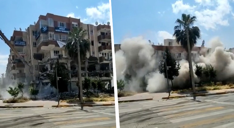 Şanlıurfa’da ağır hasarlı bina kontrollü şekilde yıkıldı