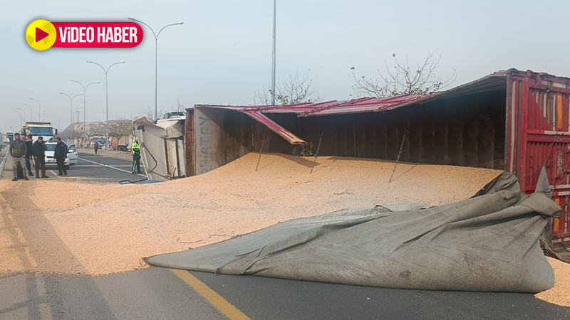 Karaköprü’de mısır yüklü tır devrildi, yol trafiğe kapandı