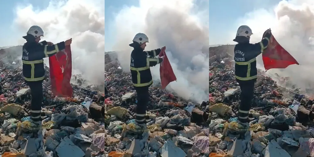 Şanlıurfa’da yangın yerinde bulunan Türk Bayrağı itfaiye eri tarafından koruma altına alındı